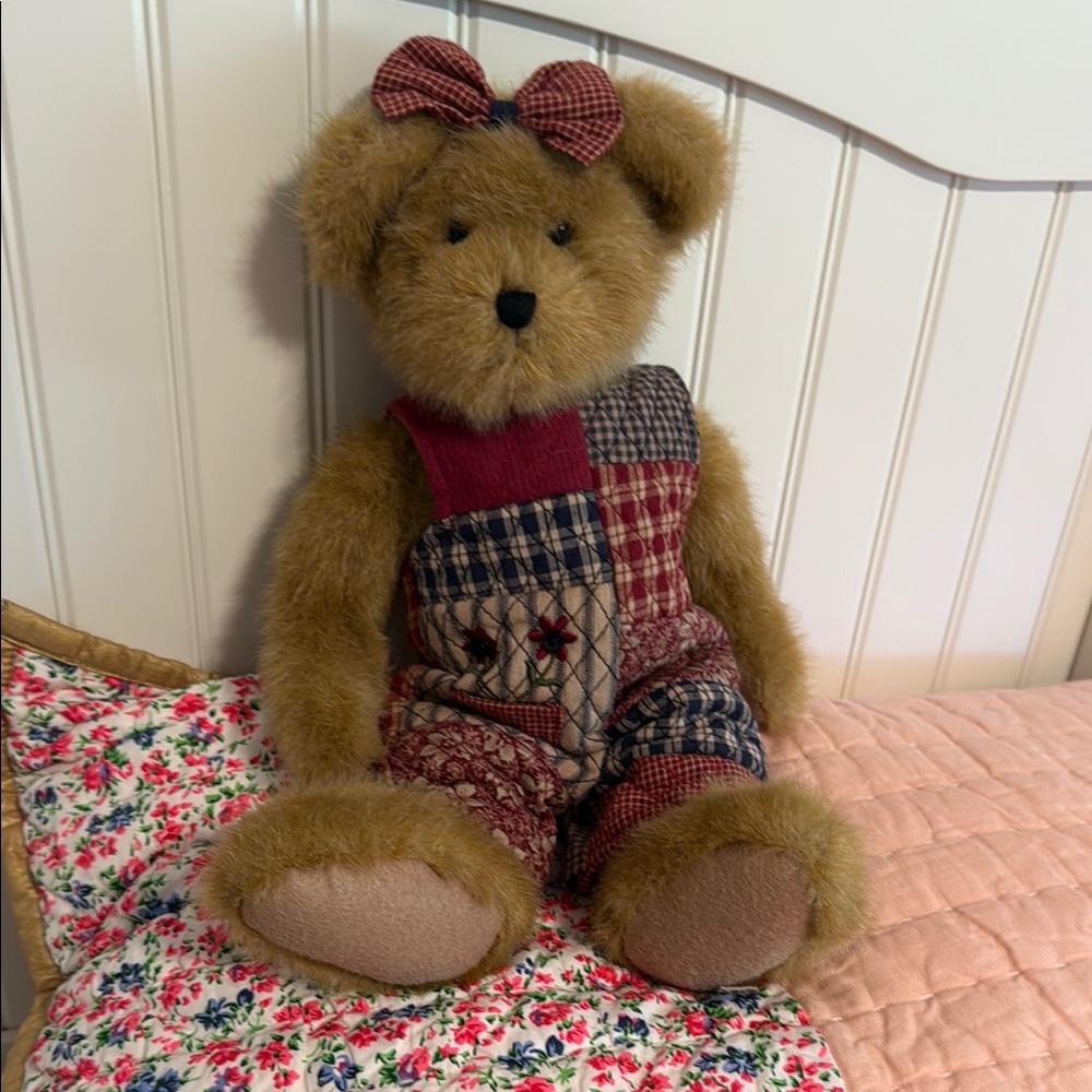 Plush Vintage Boyds Bear floral overall outfit headband bow 2008